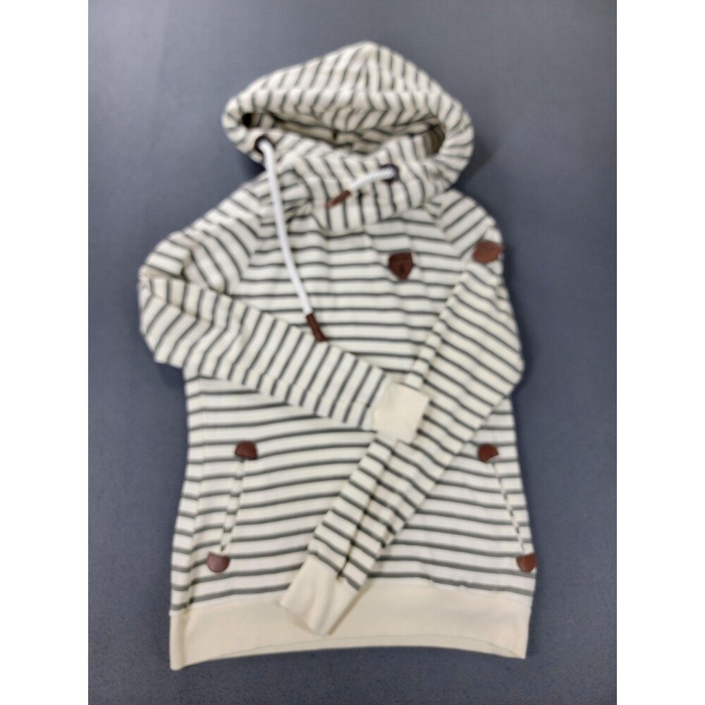 Wanakome Hoodie‎ Womens Medium Gray White Striped Cowl Neck Pullover Rope Tie